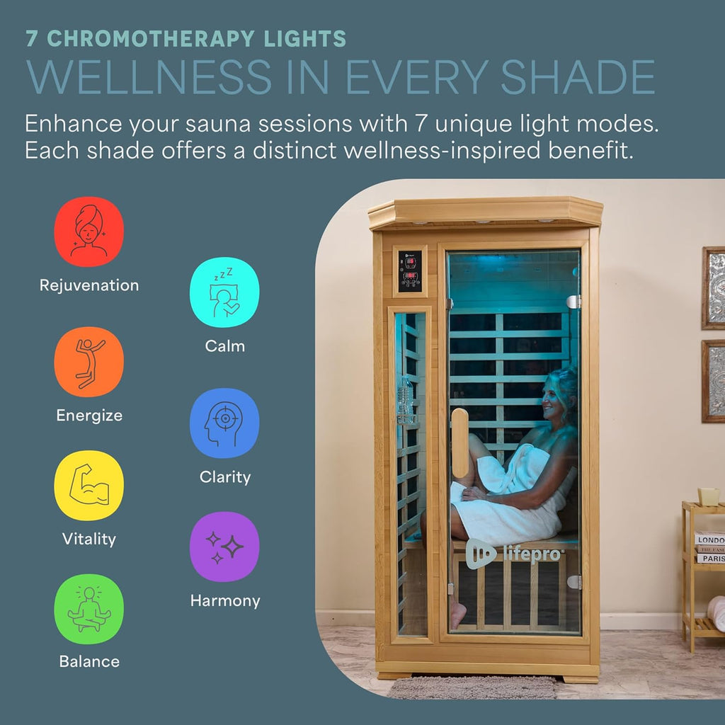 LifePro 1 Person Far Infrared Sauna for Home - Home Sauna, Tempered Glass Door, Oxygen Ionizer, & 7 Chromotherapy Lights for Indoor Sauna - Canadian Hemlock Wood Dry Sauna with Bluetooth Sound System