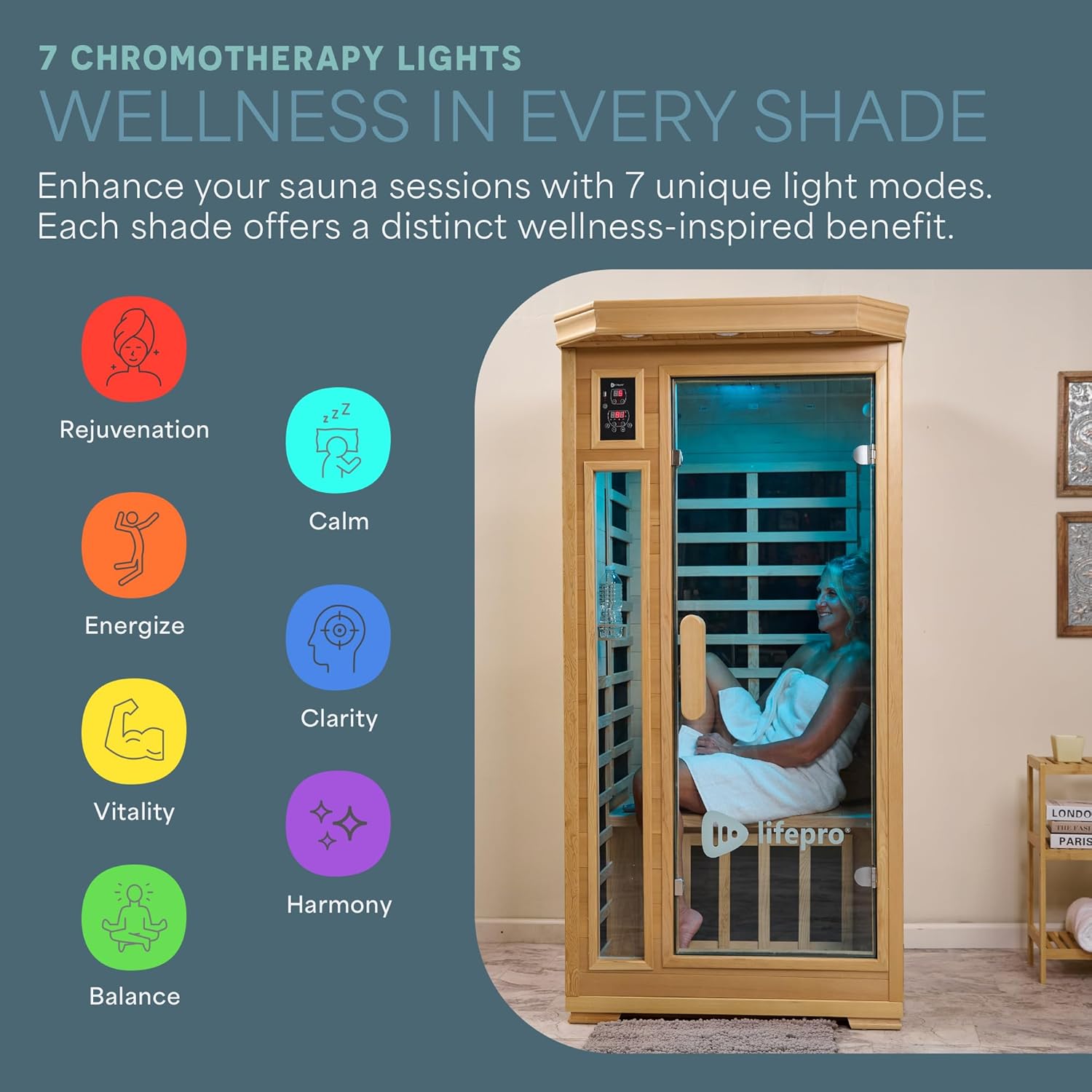 LifePro 1 Person Far Infrared Sauna for Home - Home Sauna, Tempered Glass Door, Oxygen Ionizer, & 7 Chromotherapy Lights for Indoor Sauna - Canadian Hemlock Wood Dry Sauna with Bluetooth Sound System