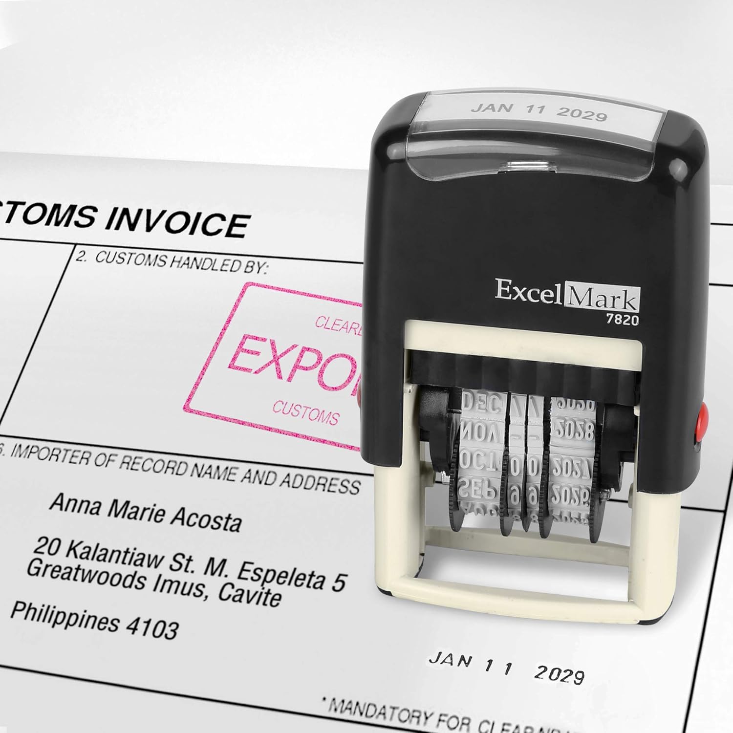 ExcelMark 7820 Self-Inking Rubber Date Stamp ¨C Great for Shipping, Receiving, Expiration and Due Dates (Red Ink)
