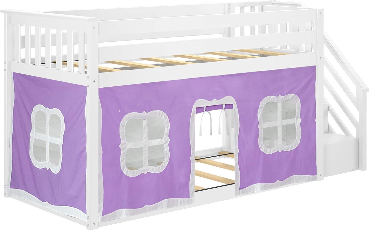 Max & Lily Low Bunk Bed, Twin-Over-Twin Bed Frame For Kids With Stairs and Curtains For Bottom, White/Purple