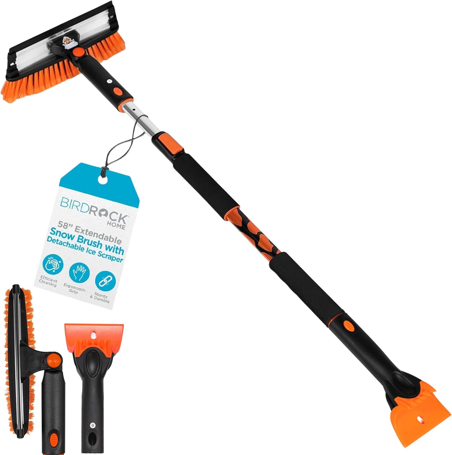 BIRDROC HOM 58inc Extendabl Sno Brus wit Detachabl Ic Scrape Heav Duty Non-Scratc fo Cars SUVs Truck Windshiel Pain Friendl Telescopin Handle Pivotin Squeege Bristl Head