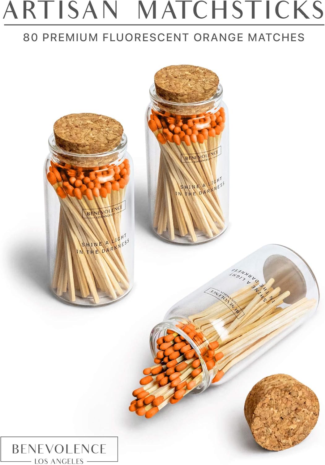 Benevolence LA Decorative Wooden Matches in Glass Jar with Striker | 4 Inches Colored Safety Long Match for Lighting Candles | Apothecary Home & Bathroom Decor - Fluorescent Orange