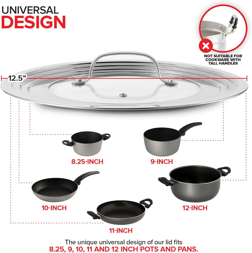 Modern Innovations Universal Lid with Tempered Glass Top for Pots Pans, Fits 8.25, 9, 10, 11, and 12 Inch Cookware - Large Replacement Frying Pan Cover, Cast Iron Skillet Lids - Stainless Steel