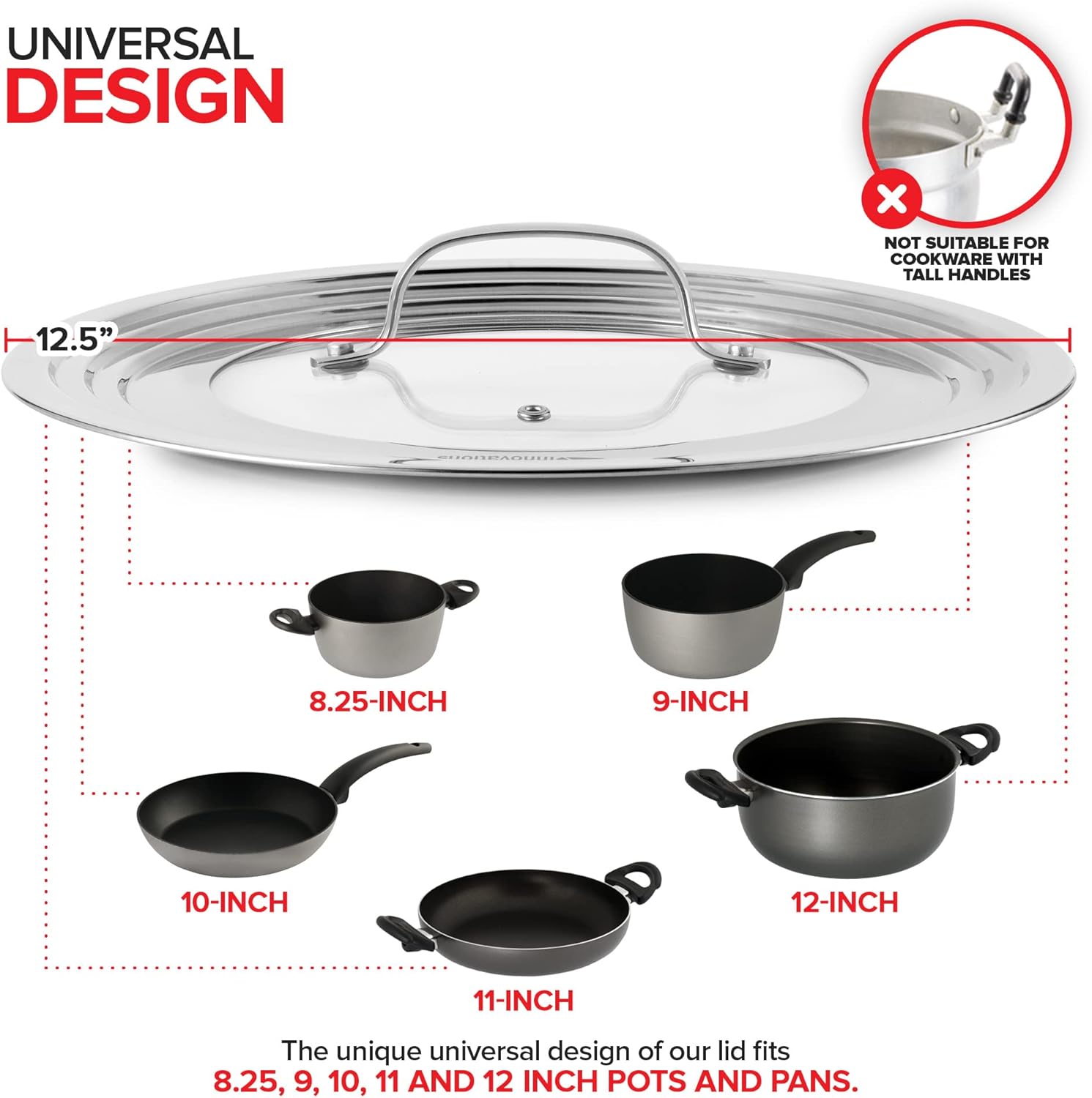 Modern Innovations Universal Lid with Tempered Glass Top for Pots Pans, Fits 8.25, 9, 10, 11, and 12 Inch Cookware - Large Replacement Frying Pan Cover, Cast Iron Skillet Lids - Stainless Steel