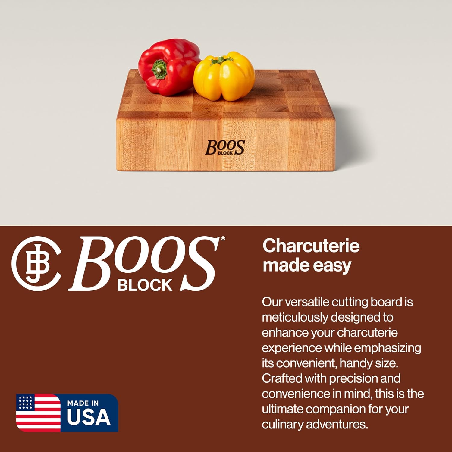John Boos CCB Series Square Wooden Maple Cutting Board 12¡±x12¡± ¨C 3¡± Thick, 13-lb Reversible Butcher Block with End-Grain & Finger Grips ¨C Made in the USA