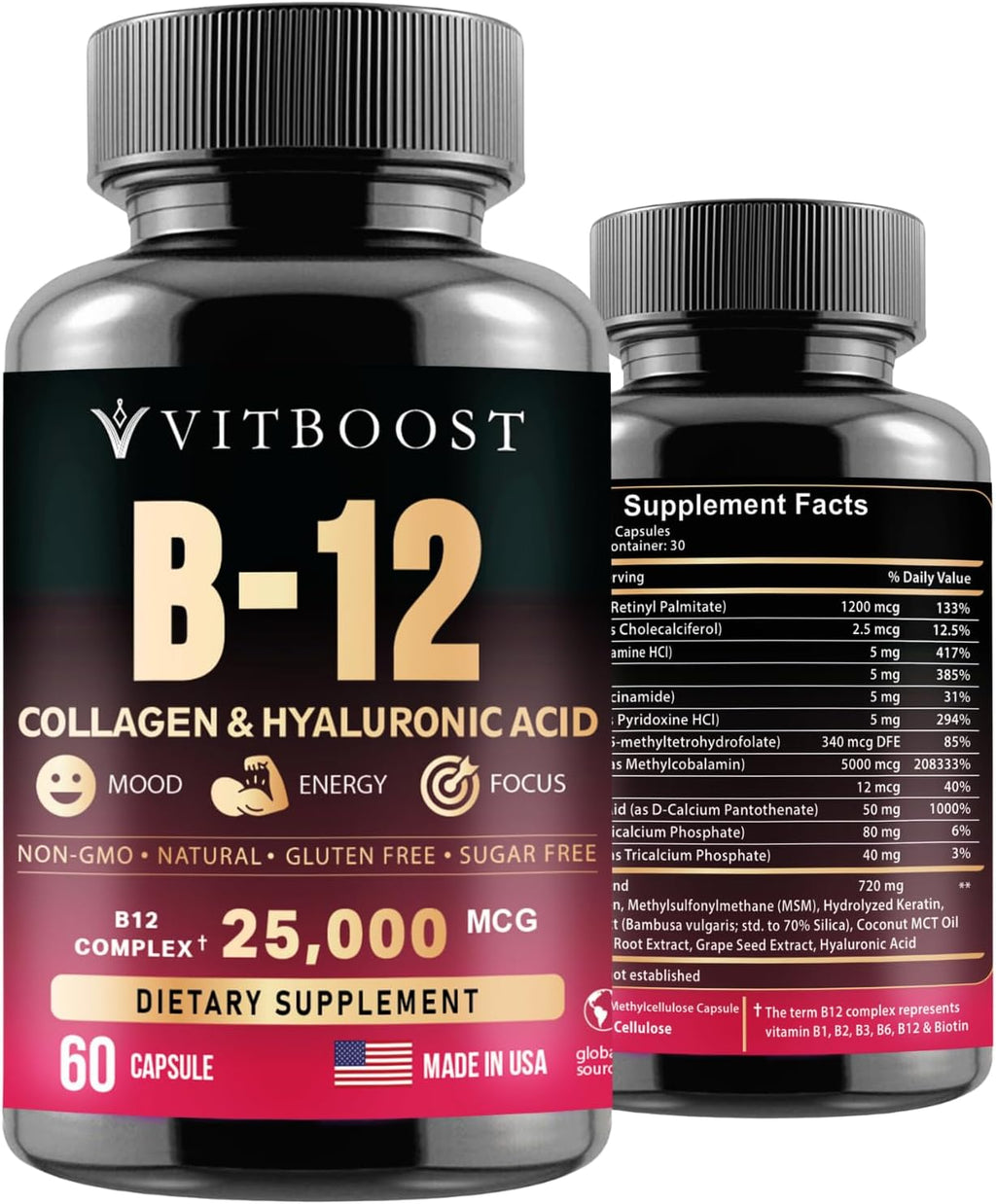 B12 with Hyaluronic Acid, Collagen and Folate ¨C 25000 mcg B12 Complex | Maximize Absorption & Energy | Gluten Free USA Made, B1, B2, B3, B6, B7, B12 vitamins 5000 mcg Methylcobalamin - 60 Capsules