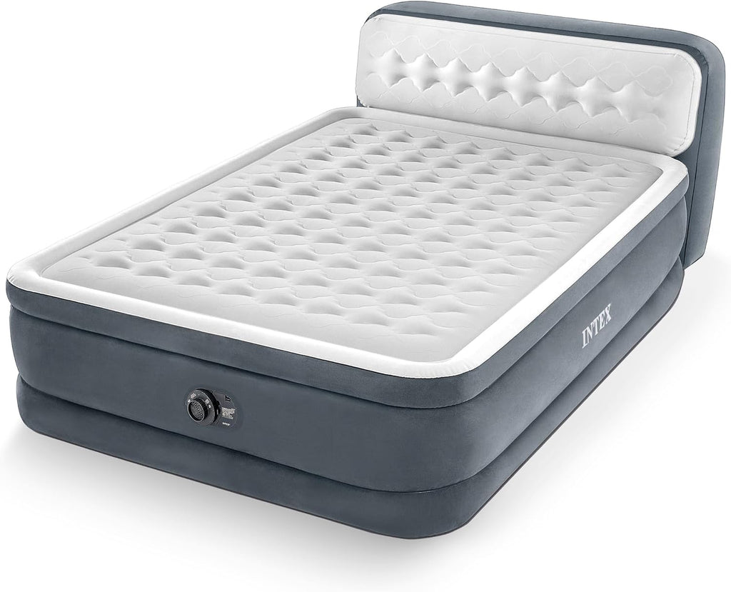 Intex 64447ED Dura-Beam Deluxe Ultra Plush Air Mattress with Headboard: Fiber-Tech ¨C Queen Size ¨C Built-in Electric Pump ¨C 18in Bed Height ¨C 600lb Weight Capacity