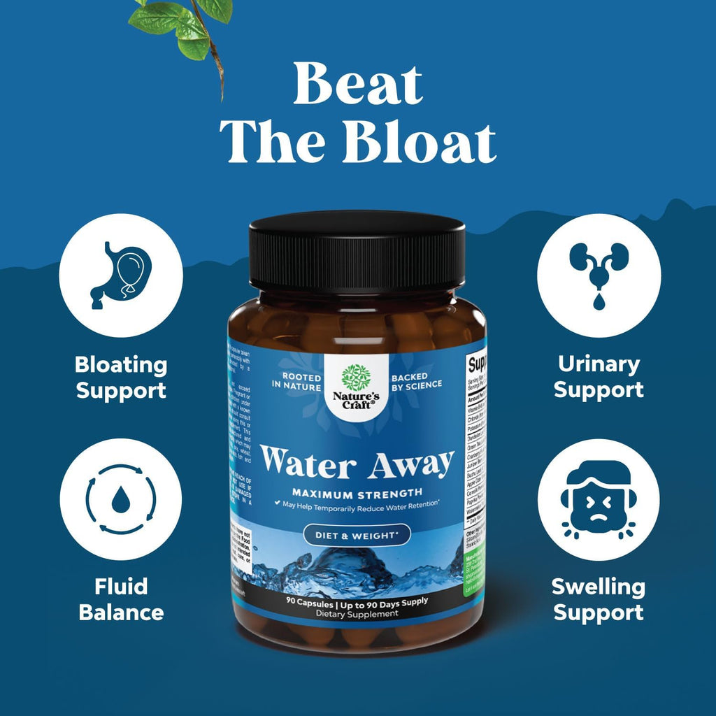 Water Away Herbal Diuretic Pills High Strength - Fluid Retention Supplement with Dandelion Leaf Extract Green Tea for Bloating Relief for Women Men - Capsules for Leg Feet Swelling - 90 Count