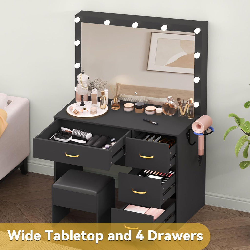DWVO Makeup Vanity with Lighted Mirror, Dressing Table with 11 LED Bulbs & 3 Lighting Modes, Storage Drawers, Charging Ports and Soft Cushioned Stool