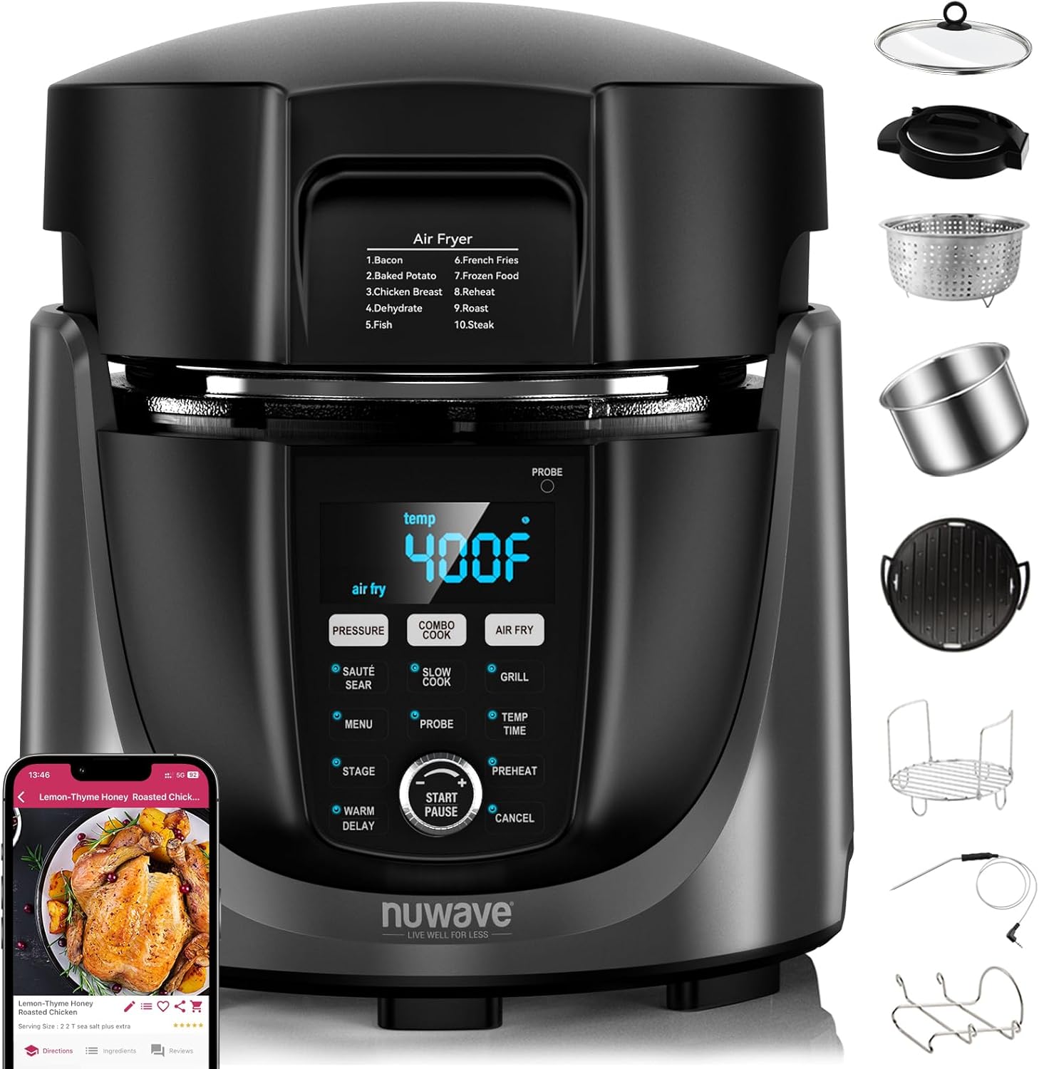 Nuwav Due Electri Pressur Cooke Ai Frye Combo 45 I Slo Cooke Gril wit Integrate Digita Tem Probe 6q S Pot Adjustabl High/Lo Pressure Built-i Sure-Loc Safet Tech