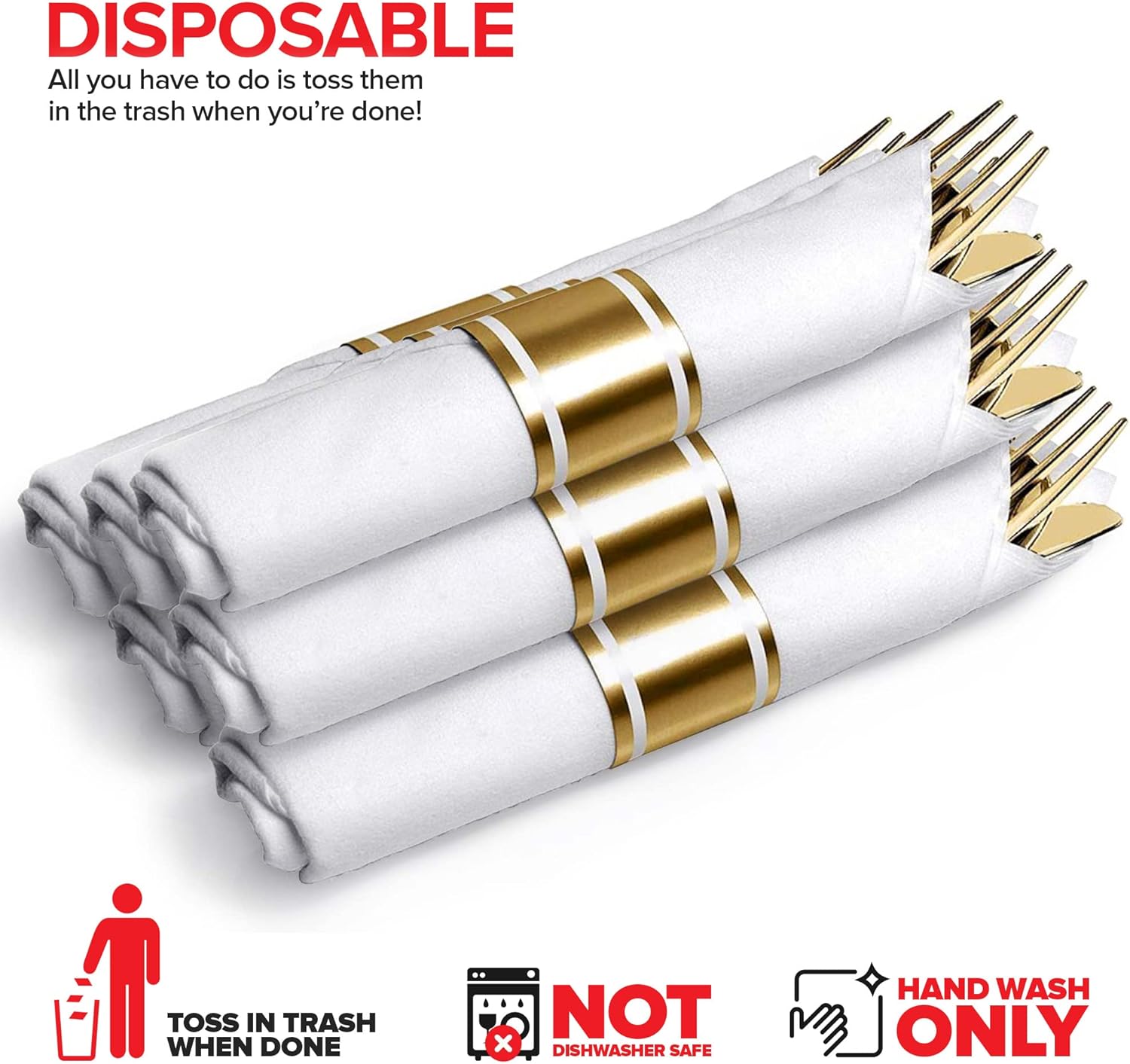 Pre Rolled Plastic Silverware Sets for Parties (25 Pack) Gold Cutlery Set, Disposable Spoons, Forks, Knives, Napkins Prewrapped, Heavy Duty Utensils Individually Wrapped for Wedding, Thanksgiving