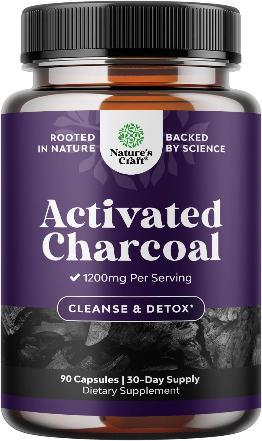 Natures Craft Activated Charcoal Pills Detox & Cleanse - Purifying Coconut Capsules with 1200 mg Per Serving for Bloating Relief - Active Detox Supplement for Body & Gut Health - 90 Count