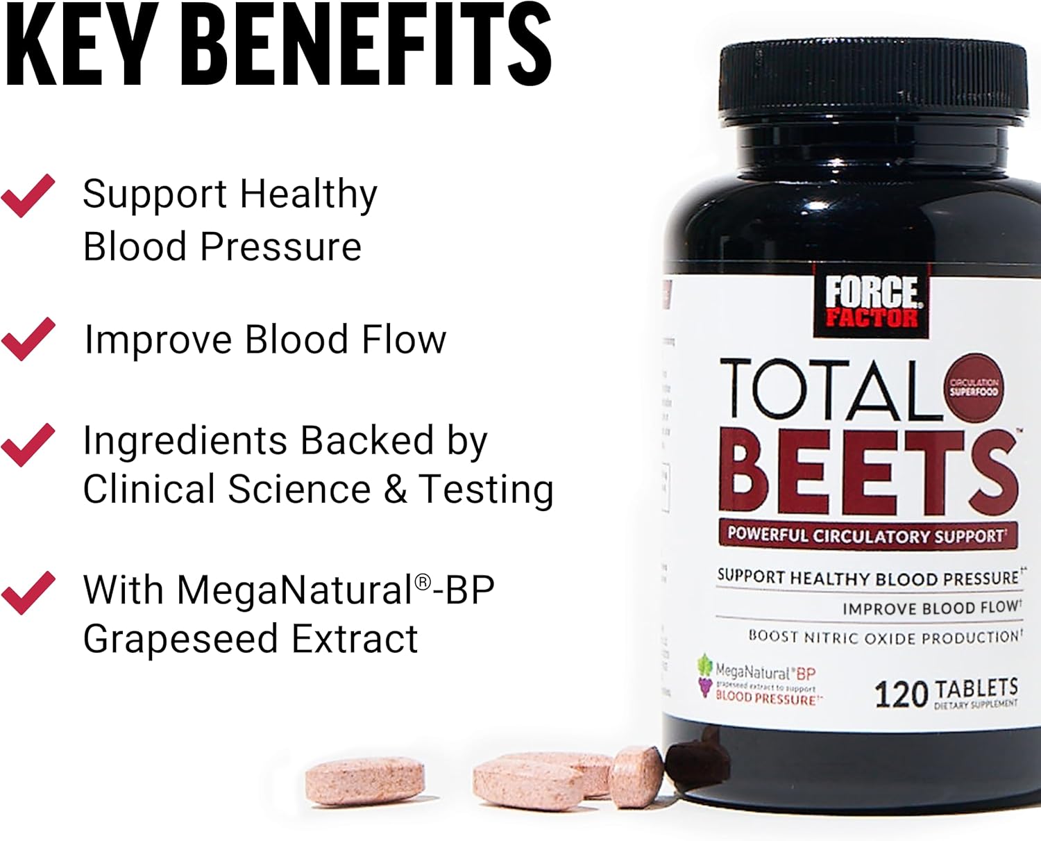 Force Factor Total Beets Blood Pressure Support with Grape Seed Extract and Non GMO Beet Root Powder for Heart Health, Circulation, Blood Flow, 120 Count