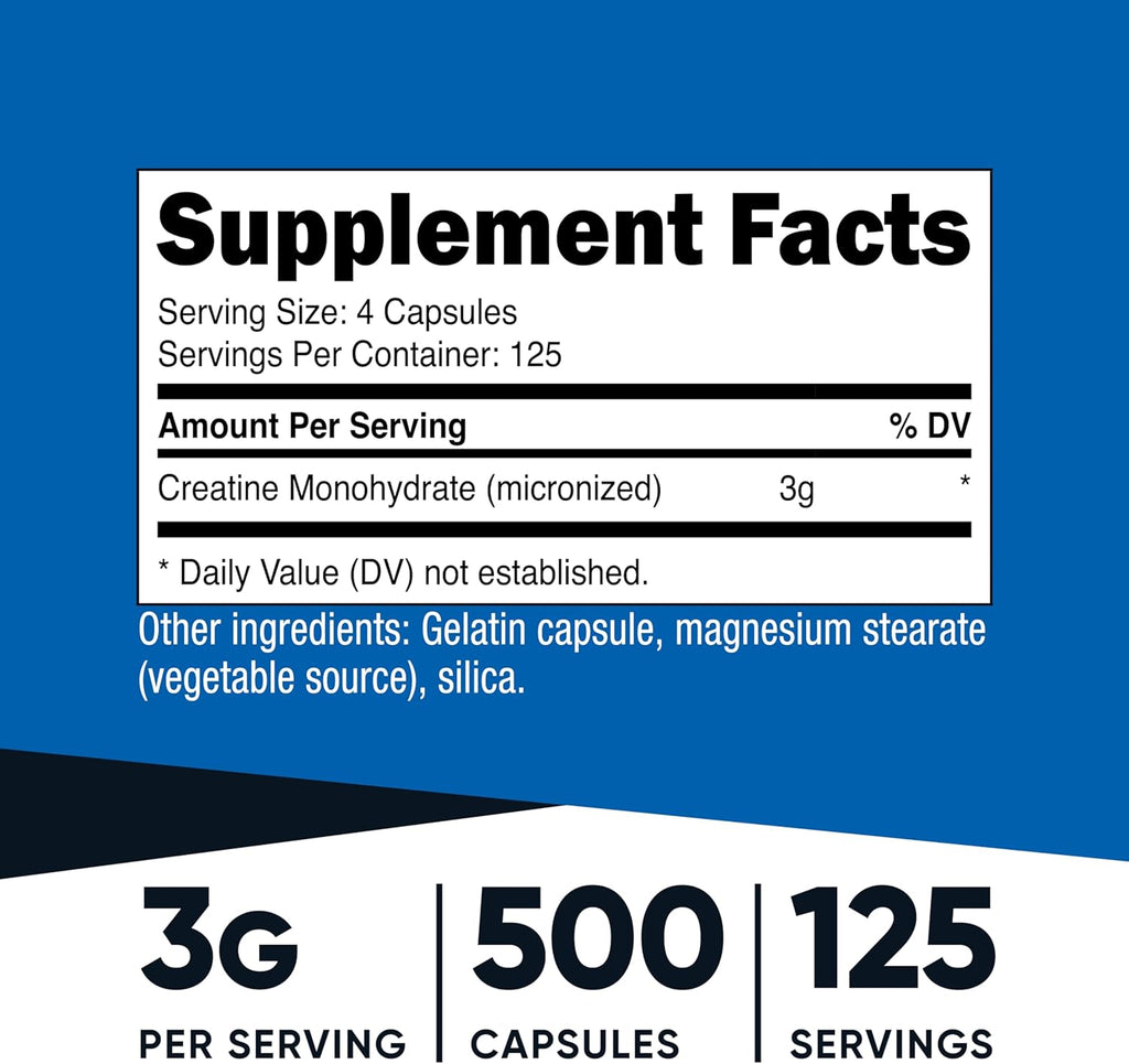 Nutricost Creatine Monohydrate 3000mg Serving, (750mg Per Capsule), 500 Capsules (2 Bottles)