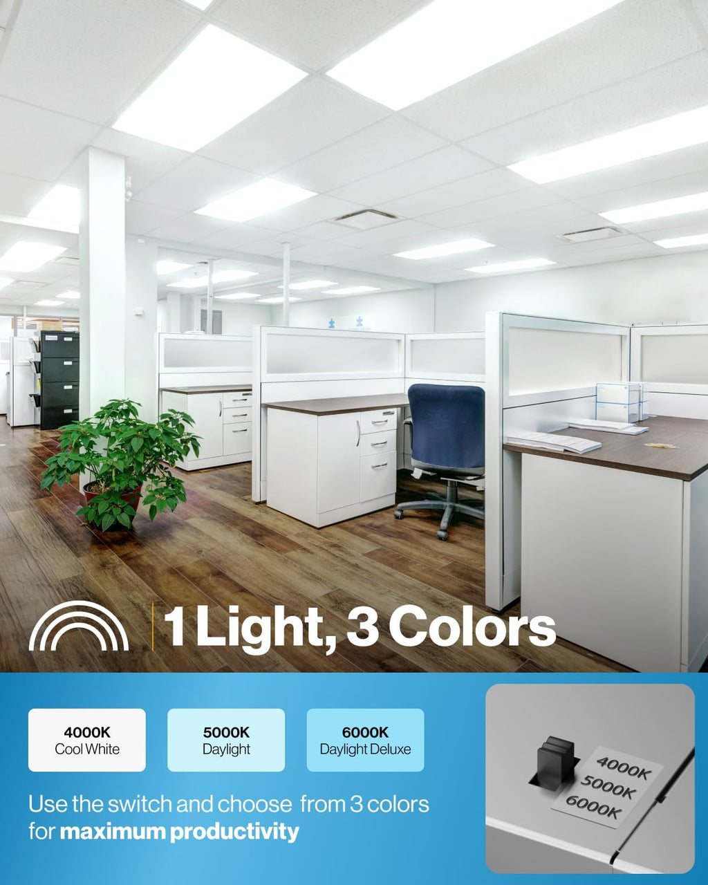 Sunc 2 Pac 2x LE Fla Pane Ligh Dro Ceilin Offic Sho Commercia Warehous Fixture 650 Lumens Selectabl Features 30W/40W/50W 4000K/5000K/6000K Dimmabl (0-10V) Dustproo ETL