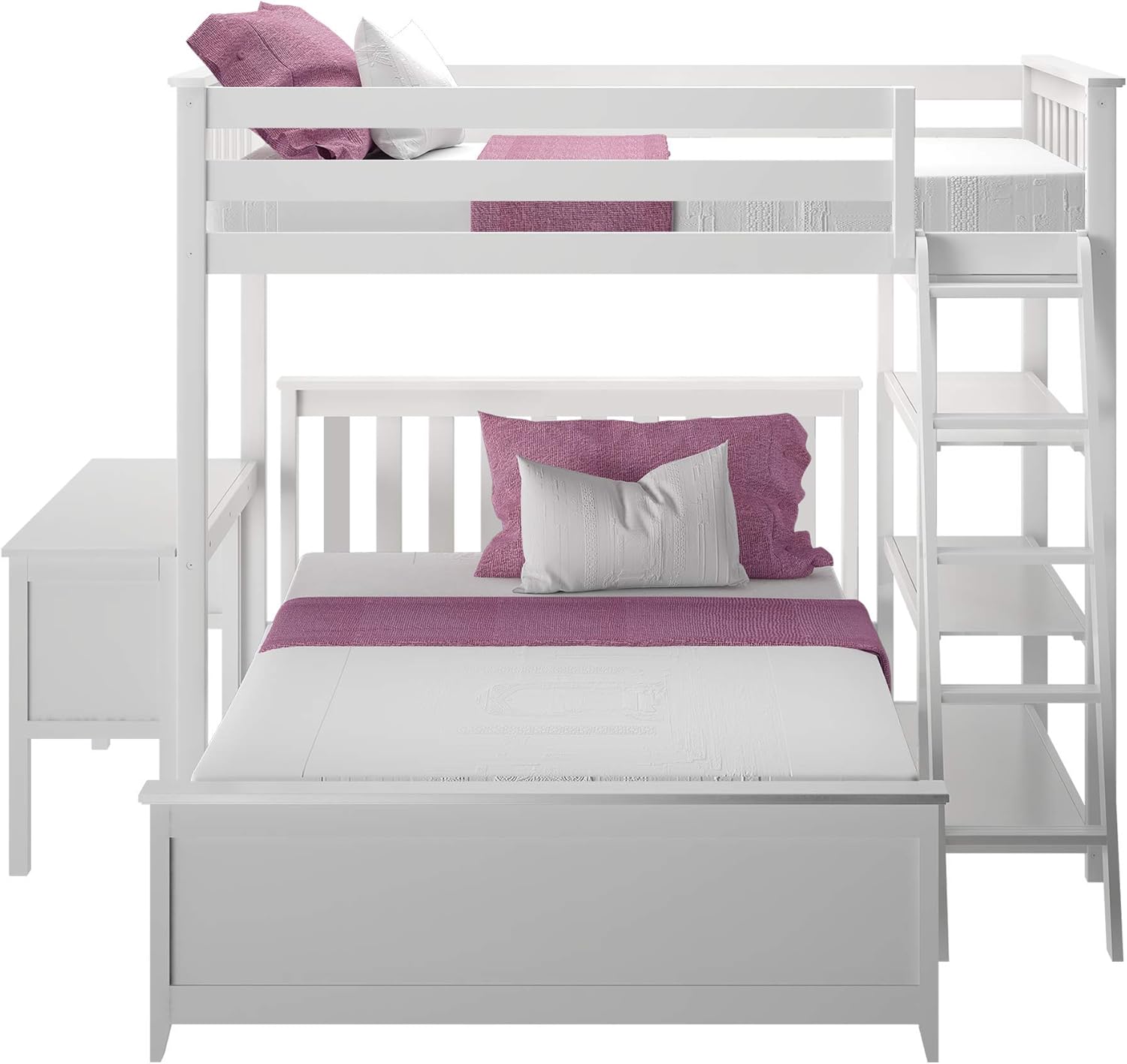 Max & Lily Bunk Bed, L Shape Twin-Over-Full Bed Frame For Kids With Bookcase and Desk, White
