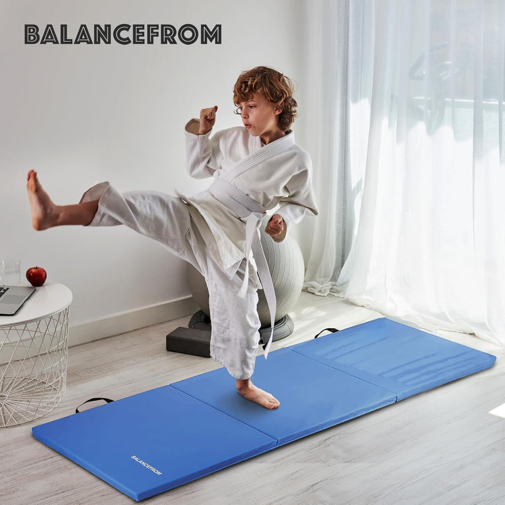 BalanceFrom 6x2 Feet 3-Panel Folding Gymnastics Mat ¨C 1.5-Inch Thick Pad with Vinyl Surface and Carrying Handles for Tumbling, Yoga, Pilates, Home Workouts, and Martial Arts