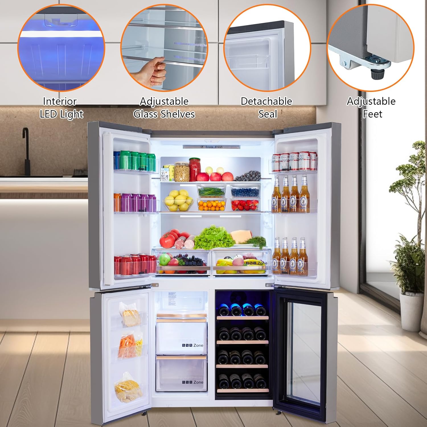 GarveeHom 3 i Frenc Doo Refrigerator 2 Cu.Ft Counte Dept Refrigerato Botto Freeze wit Win Cabinet Stainles Stee Door Fridge Kitche Freezer Adjustabl Shelves