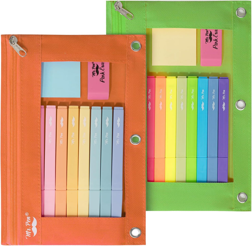 2 Pack Pencil Pouch - Green and Orange Flat Zipper Pouch for 3 Ring Binder