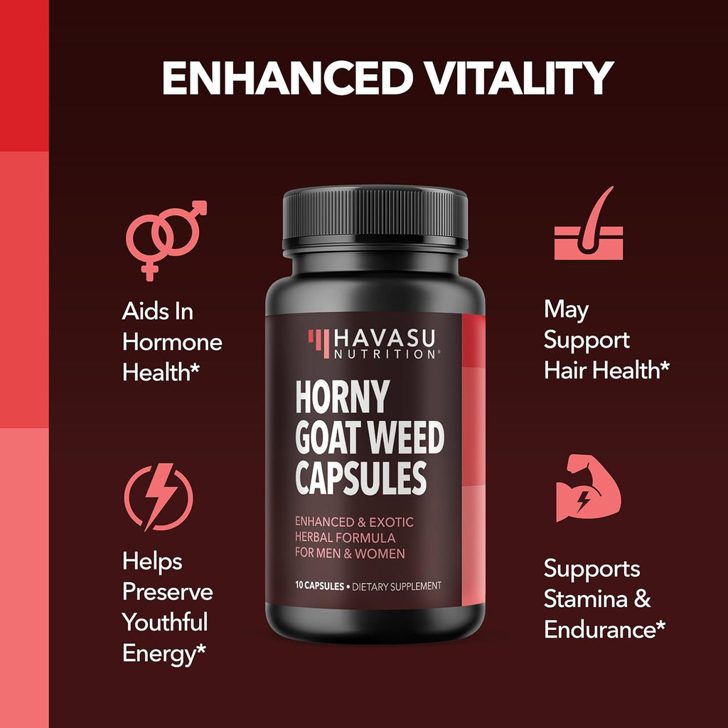 Unisex Horny Goat Weed Capsules for Men Women - Extra Strength Performance Energy Support with Tongkat Ali, Muira Puama, and Saw Palmetto - 10 Count - Herbal Supplement for Increased Endurance
