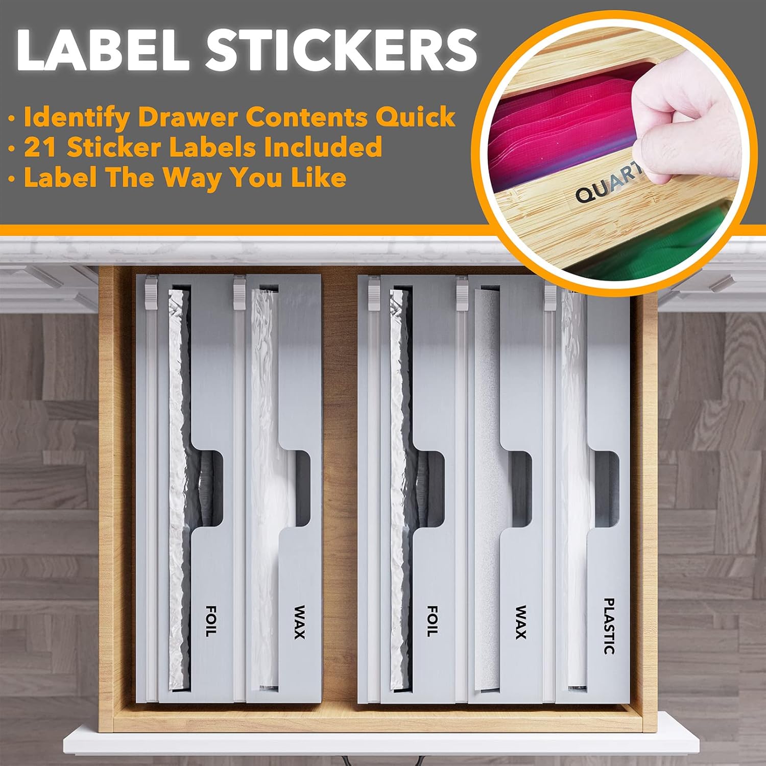SpaceAid WrapNeat 3 in 1 Wrap Organizer with Cutter and Labels, Plastic Wrap, Aluminum Foil and Wax Bamboo Dispenser for Kitchen Storage Organization Holder for 12inch Roll (Gray)