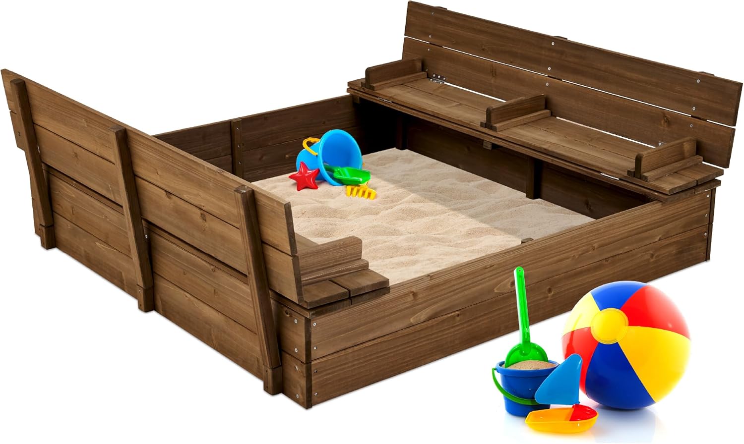 Best Choice Products Kids' Outdoor Wooden Sandbox Large, Cedar Wood with Foldable Bench Seats and Sand Protection, Bottom Liner Included - Walnut