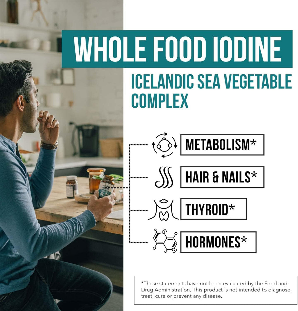 Organic Iodine Supplement from Sea Vegetable Complex, Whole Food & Raw Form - Iodine Plus Trace Mineral Complex ¨C Contains Purest Icelandic Sea Kelp, Irish Moss & Bladderwrack (250 mcg)