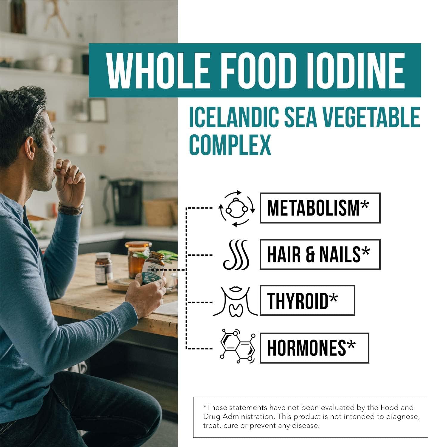 Organic Iodine Supplement from Sea Vegetable Complex, Whole Food & Raw Form - Iodine Plus Trace Mineral Complex ¨C Contains Purest Icelandic Sea Kelp, Irish Moss & Bladderwrack (250 mcg)