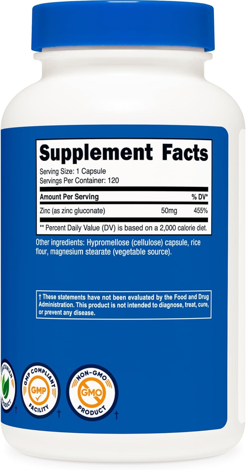 Nutricost Zinc Gluconate 120 Vegetarian Capsules (50mg) - Gluten Free and Non-GMO