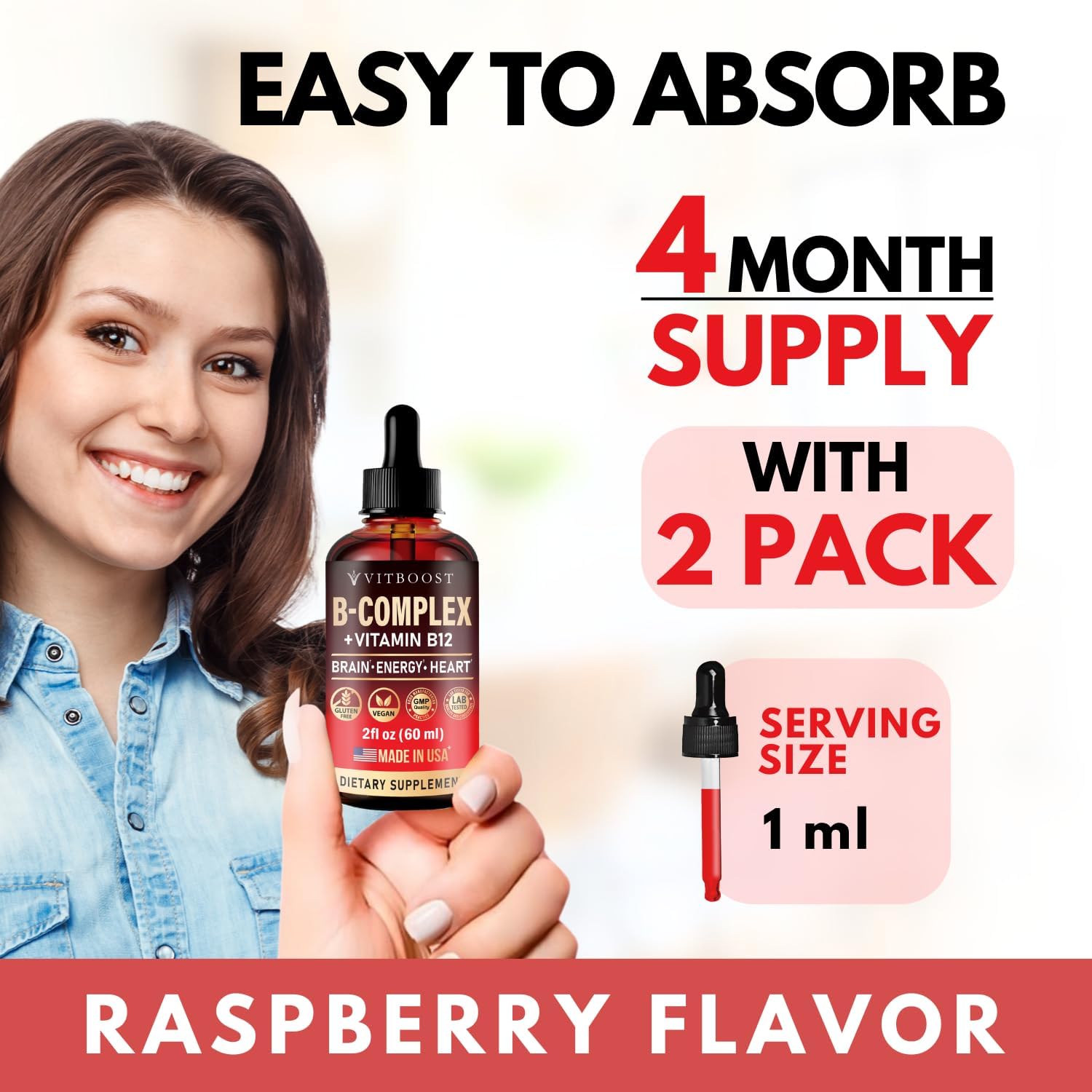 Vega Vitami B1 wit Comple 2000 mcg Extr Strengt fo Me an Women Raspberr Liqui Drops US Made B1 B2 B3 B5,B6 Biotin Foli Aci B1 Sublingua Methylcobalami  Month Supply