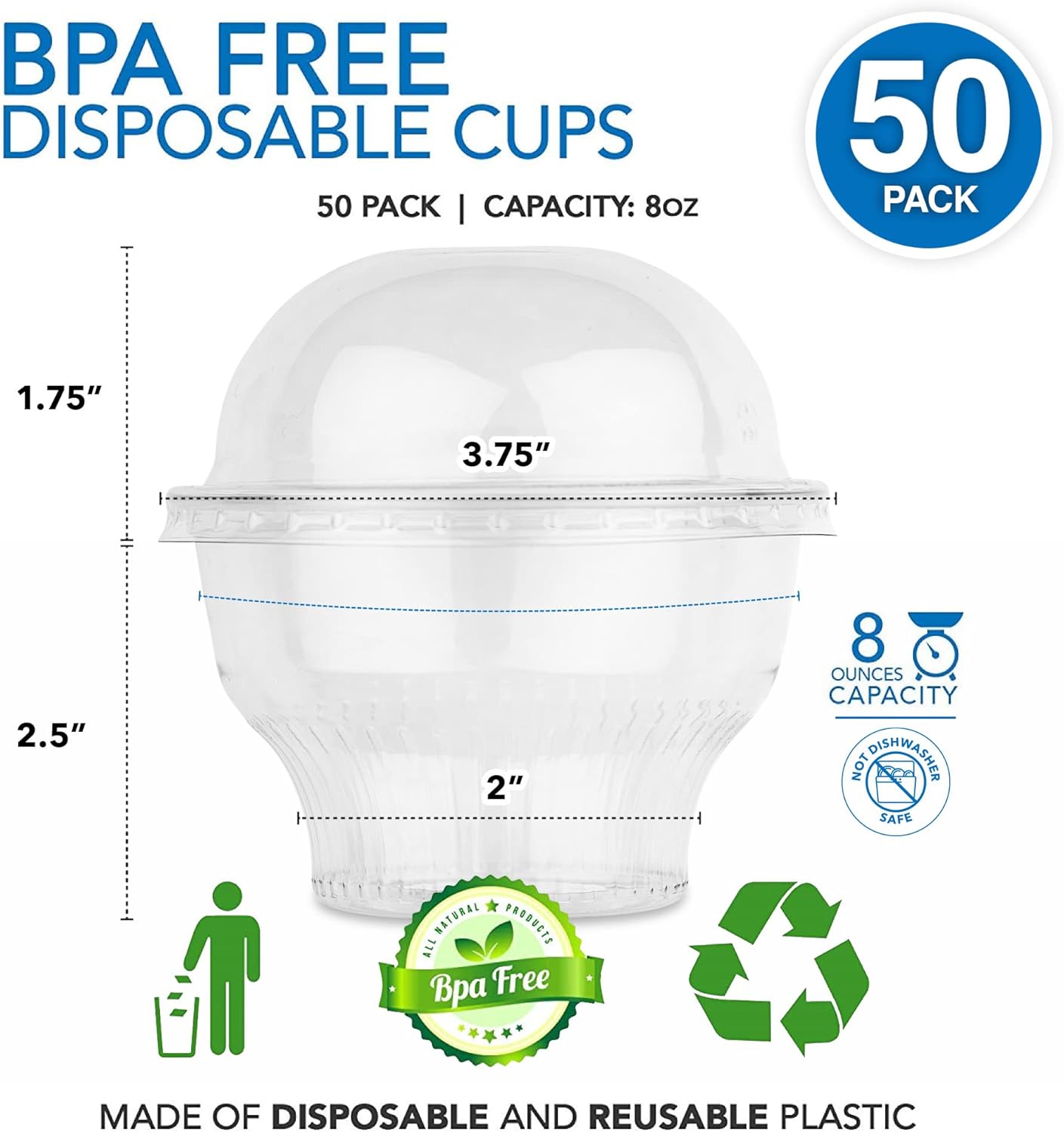 Clear Plastic Dessert Cups with Lids 8 oz (Set of 50) Small Disposable Parfait Cup, Dome Lid - No Hole, 8-Ounce Party Fruit Containers, Banana Pudding Bowl, Jello, Ice Cream, Desserts Container