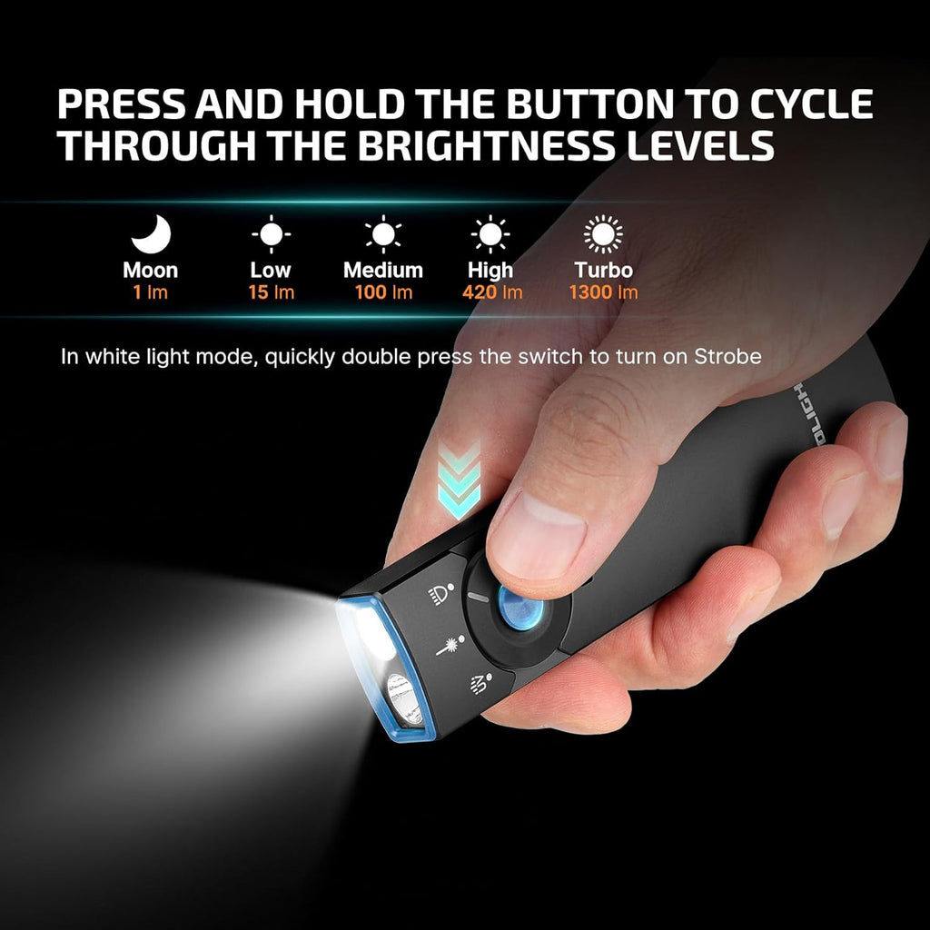 OLIGHT Arkfeld Pro Rechargeable EDC Flat Flashlight with Green Beam, UV and White LED Combo, 1300 Lumens Portable Pocket Lights, Triple Sources for Outdoors Emergency Working (Black CW)
