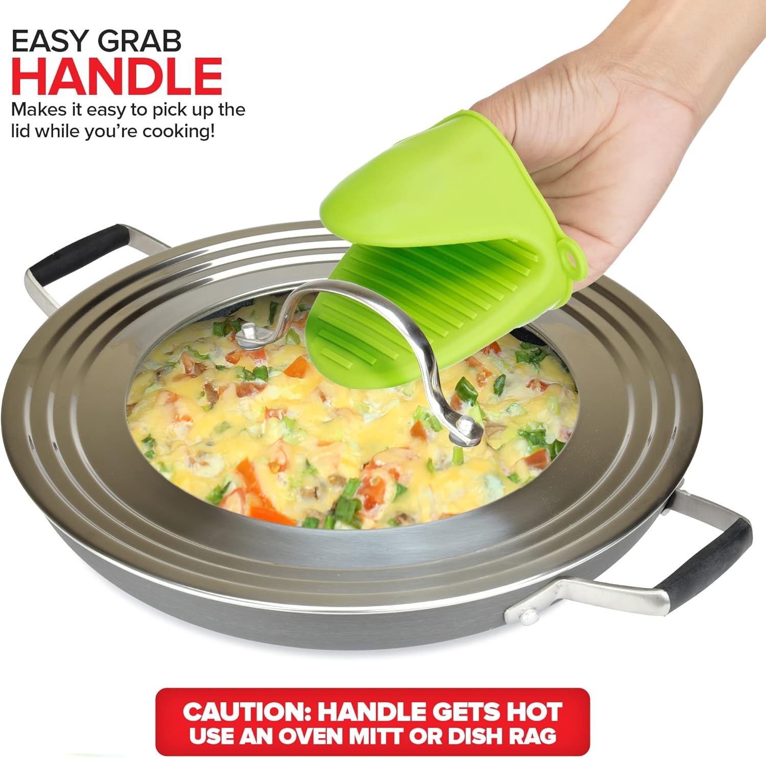 Modern Innovations Universal Lid with Tempered Glass Top for Pots Pans, Fits 8.25, 9, 10, 11, and 12 Inch Cookware - Large Replacement Frying Pan Cover, Cast Iron Skillet Lids - Stainless Steel