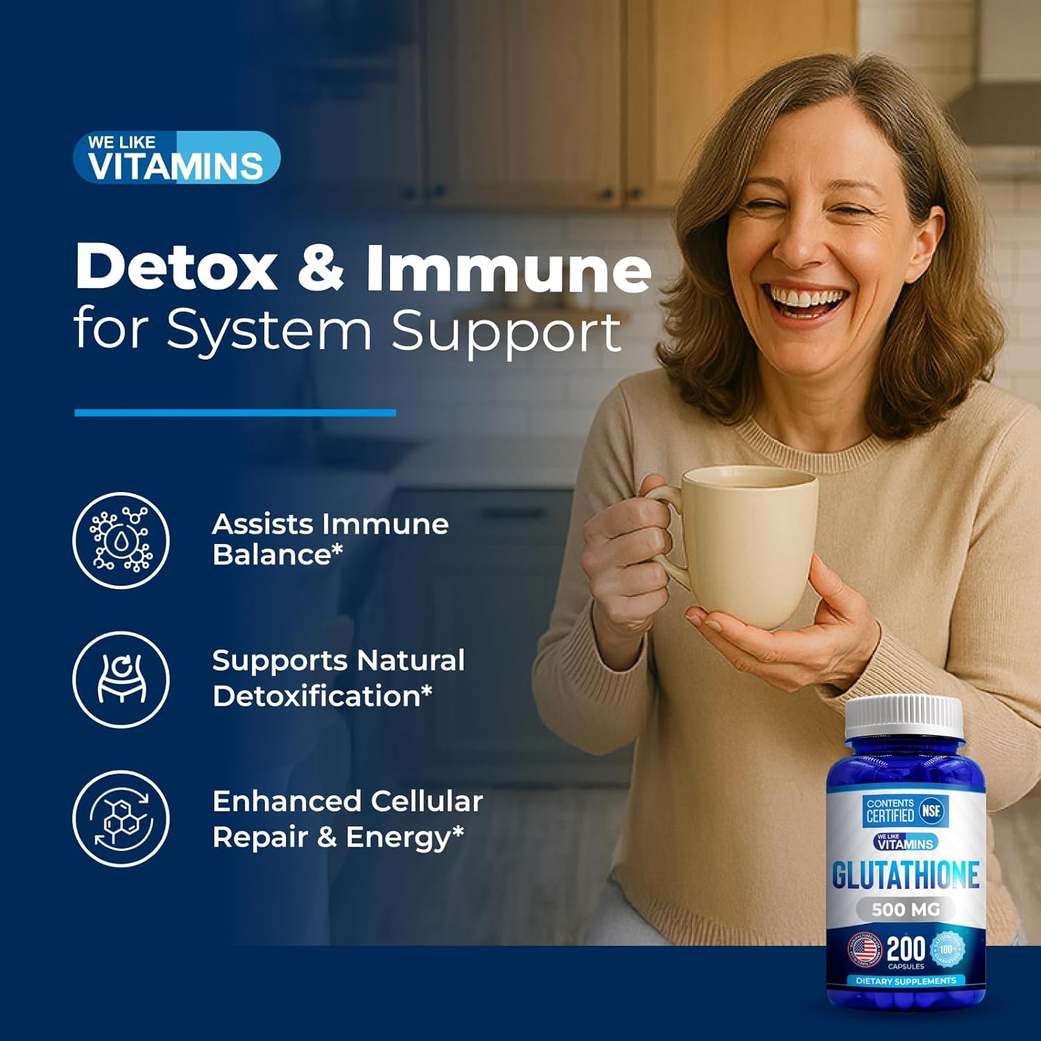 We Like Vitamins | NSF Certified Glutathione Supplement | Manufactured in USA | Highly Bioavailable | L-Glutathione Antioxidant Support|500mg Per Serving | 200 Capsules
