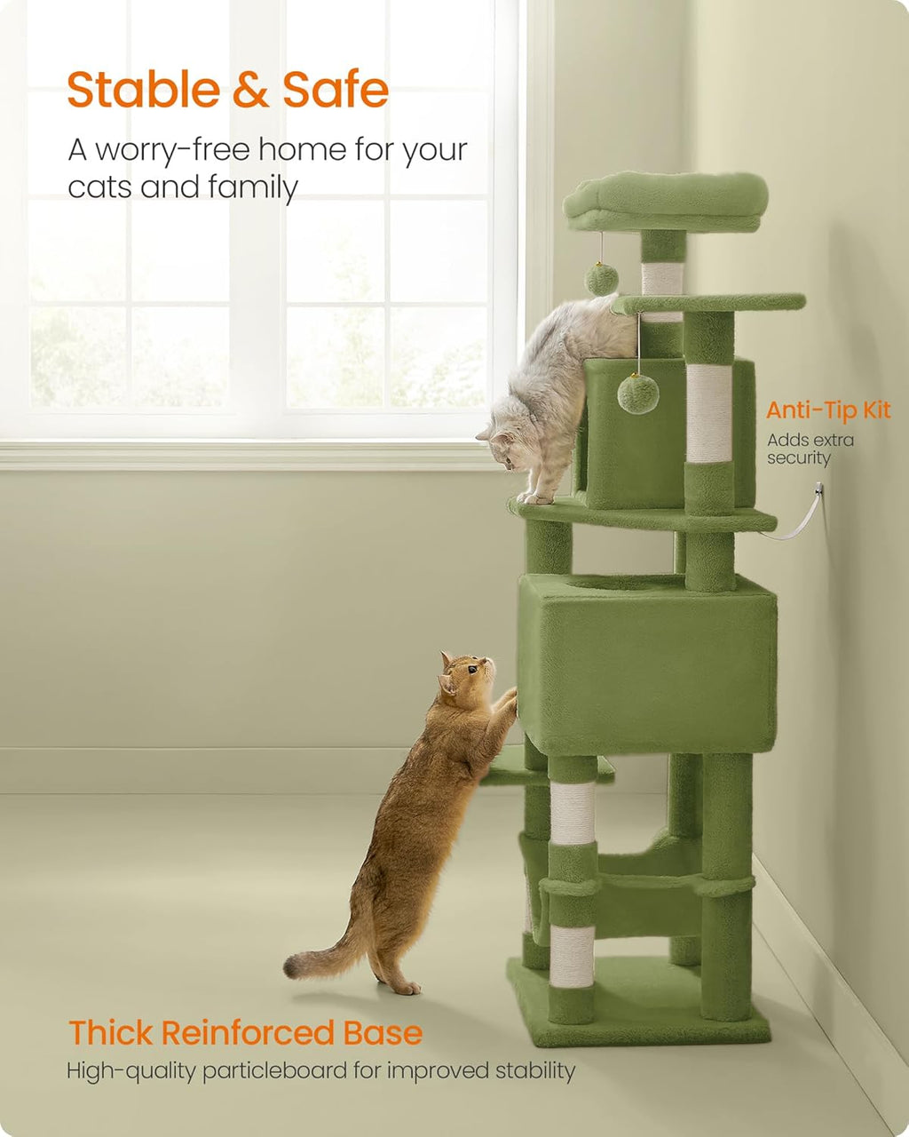 Cat Tree, 61-Inch Cat Tower for Indoor Cats, Plush Multi-Level Cat Condo with 5 Scratching Posts, 2 Perches, 2 Caves, Hammock, 2 Pompoms, Grass Green UPCT192C02