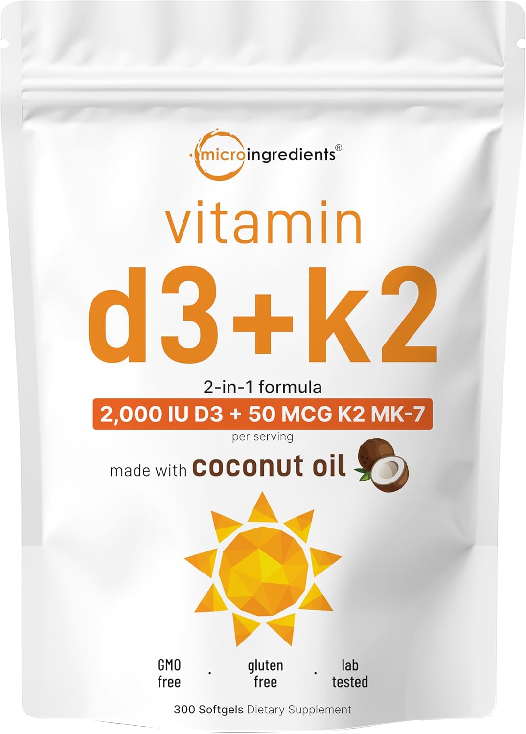 Micr Ingredient Vitami D 2,00 I K MK- 5 mcg 30 Softgel Virgi Coconu Oi 2-in- Bone Immun Hear Suppor Eas t Swallow Non-GMO