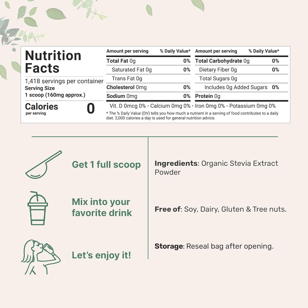 Pur Organi Stevi Powder Ounces 141 Serving Hig Grad Stevi Gree Lea Extrac Reb-A Reduce Bitte Aftertaste Calorie Natura Sweetener Suga Alternative Ket Friendly