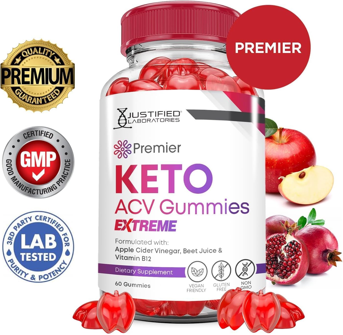 Justified Laboratories (2 Pack Premier Keto ACV Gummies Extreme 2000MG Premier Keto Gummies Apple Cider Vinegar Formulated with Pomegranate Beet Juice Powder B12 Vegan Non GMO 120 Gummys