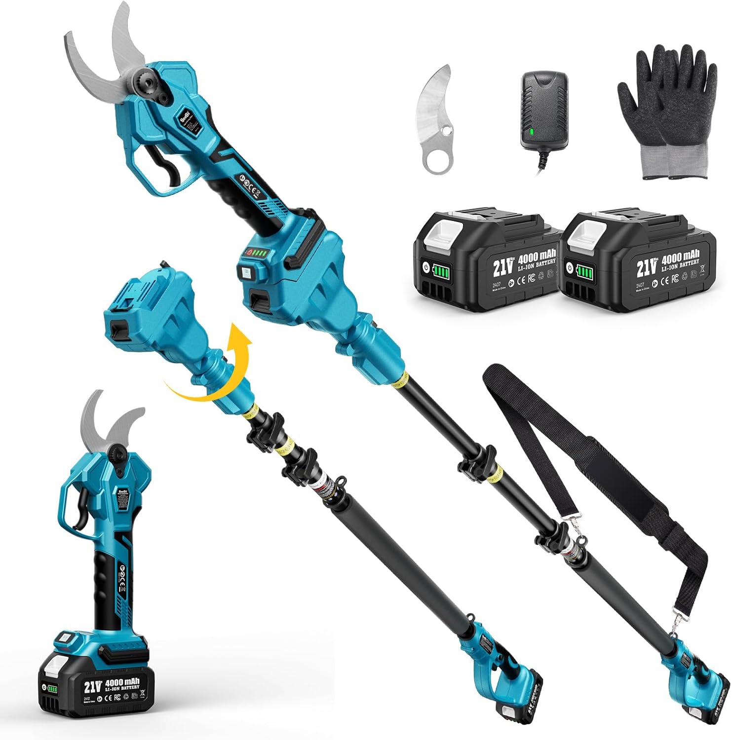 SEESII Pole Electric Pruning Shears: 1.8inch Cutting Diameter 2-in-1 Cordless Power Pruner - Brushless Motor, Dual 4.0Ah Batteries, Extra SK5 Blade, 4 Modes Adjustable Branch Cutter for Garden Trimming