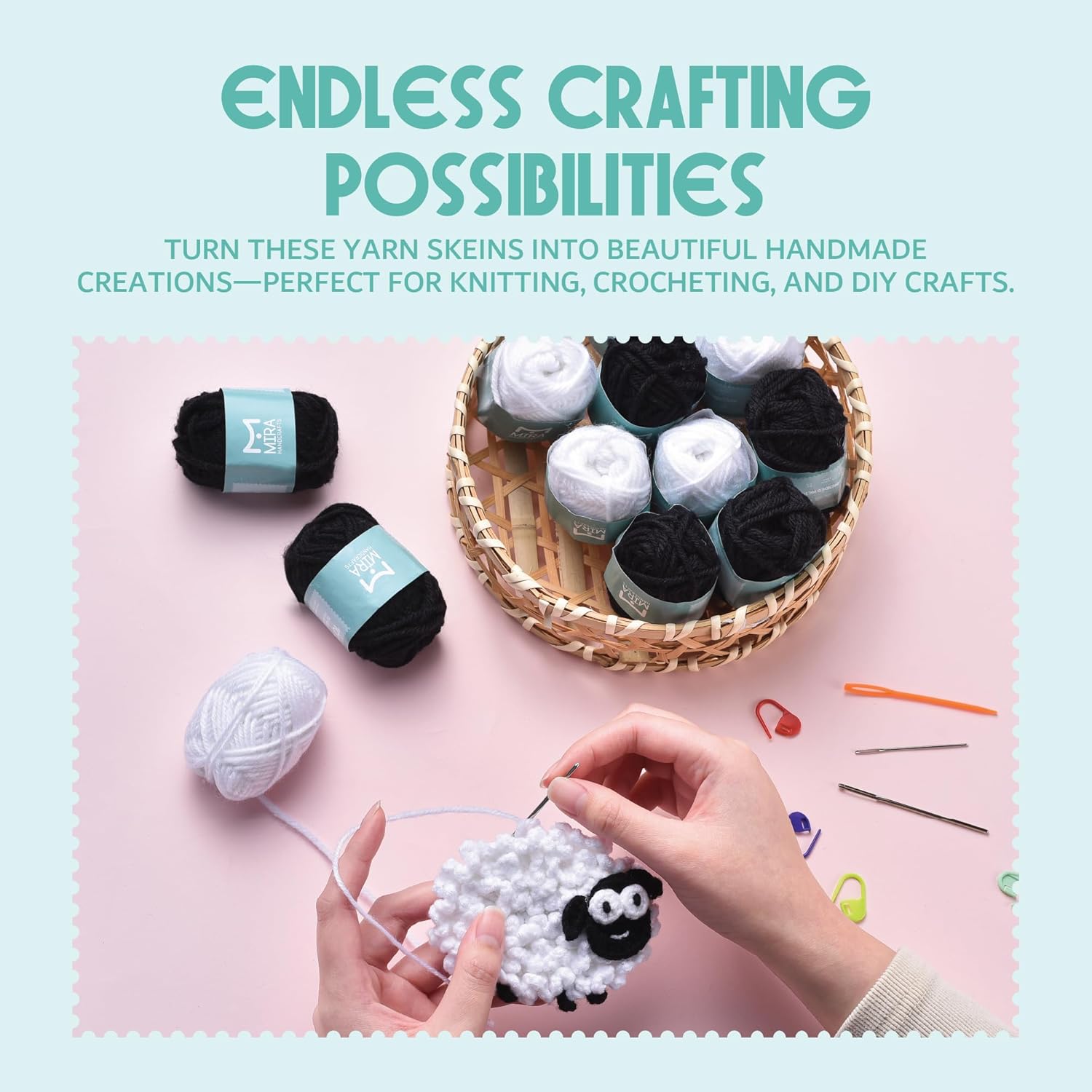 Mir Handcraft Croche Se fo Beginner 26 Yard Soft Premiu Acryli Yar fo Crochetin 1 Blac an Whit 10 Skein Strong Lightweigh Yar fo Knittin an DI Craft fo Kid Adults