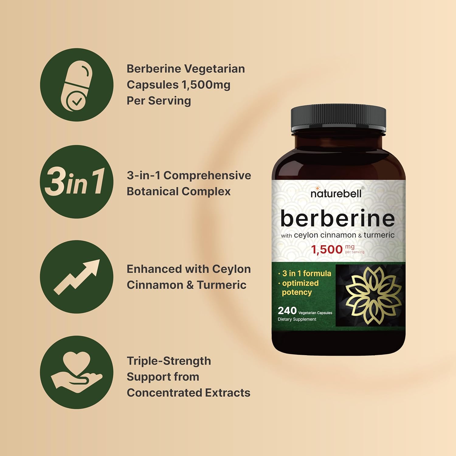 Berberin Supplemen 1,500m wit Ceylo Cinnamo Turmeri Root 24 Veggi Capsule 97 Pur Berberin HC Support Balance Suga Level Hear Healt Vegan Non-GMO