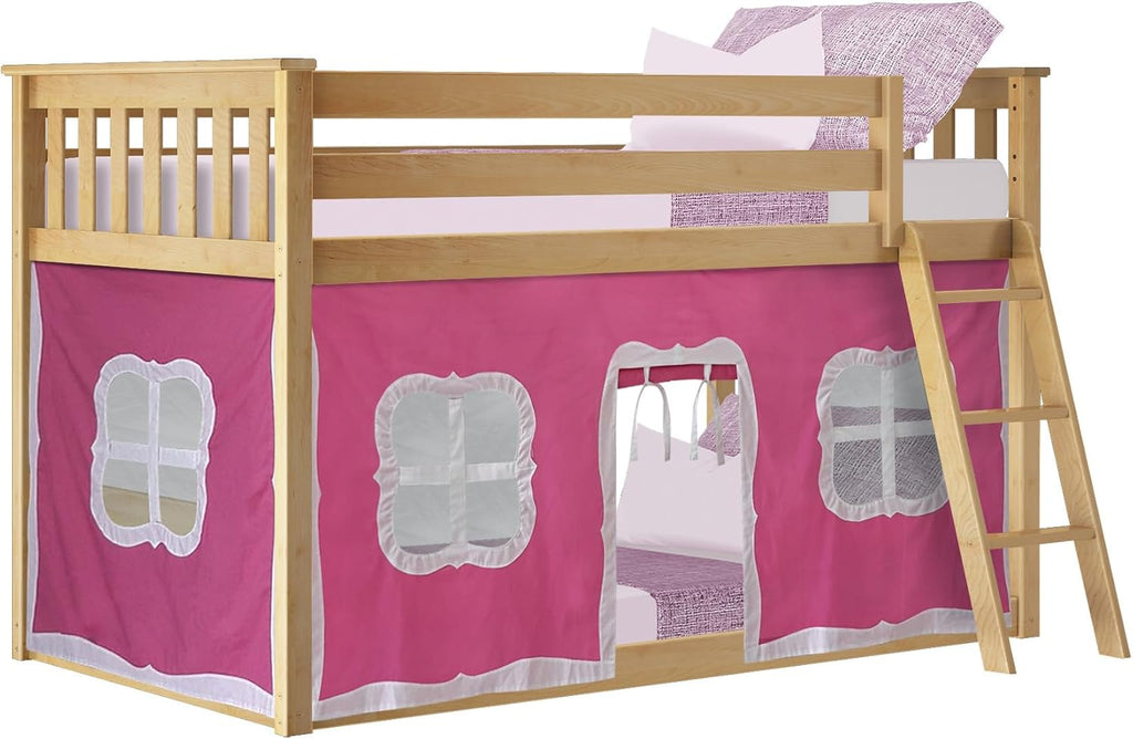 Max & Lily Low Bunk Bed, Twin-Over-Twin Bed Frame For Kids With Curtains For Bottom, Natural/Pink