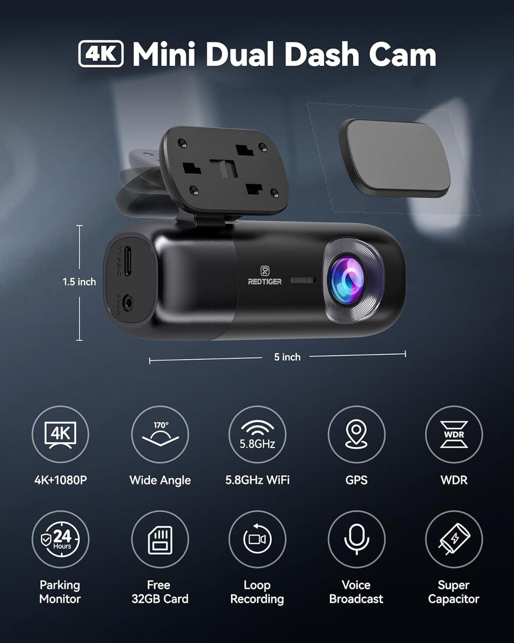 REDTIGE F Das Ca 4 Fron an Rea 1080P WiF GP Ca Camer wit 32G Card Dua Das Camer fo Cars Loo Recording Nigh Vision Parkin Mode Smar Ap Control Suppor 256G Max