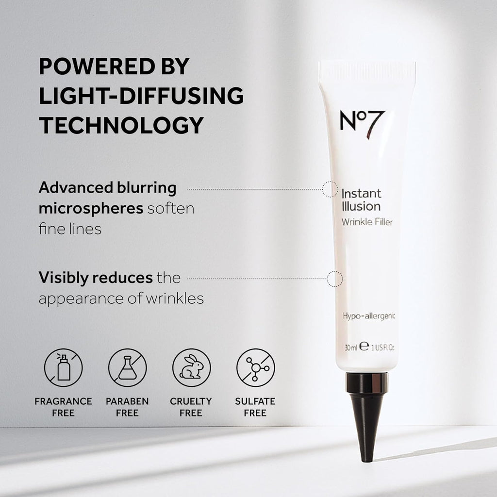 No7 Instant Illusion Wrinkle Filler - Anti Aging Serum for Face to Smooth + Blur Fine Lines and Wrinkles - Gives Complexion a Youthful and Radiant Glow (1 Fl Oz)
