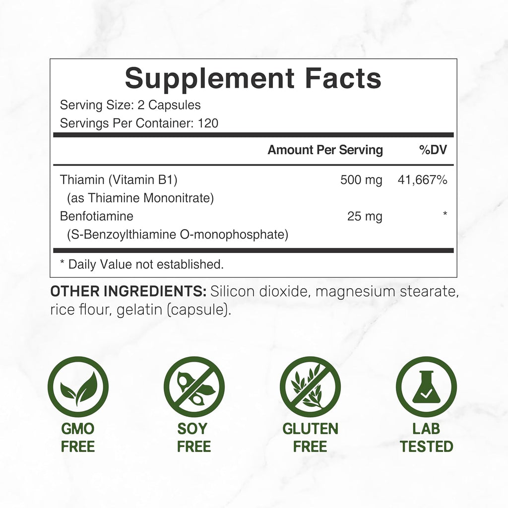 DEA SUPPLEMEN Vitami B 500m wit Benfotiamine 24 Capsule  i Enhance Formul Fa Wate Solubl Thiamin B Supplemen Thir Part Tested Non-GMO N Gluten