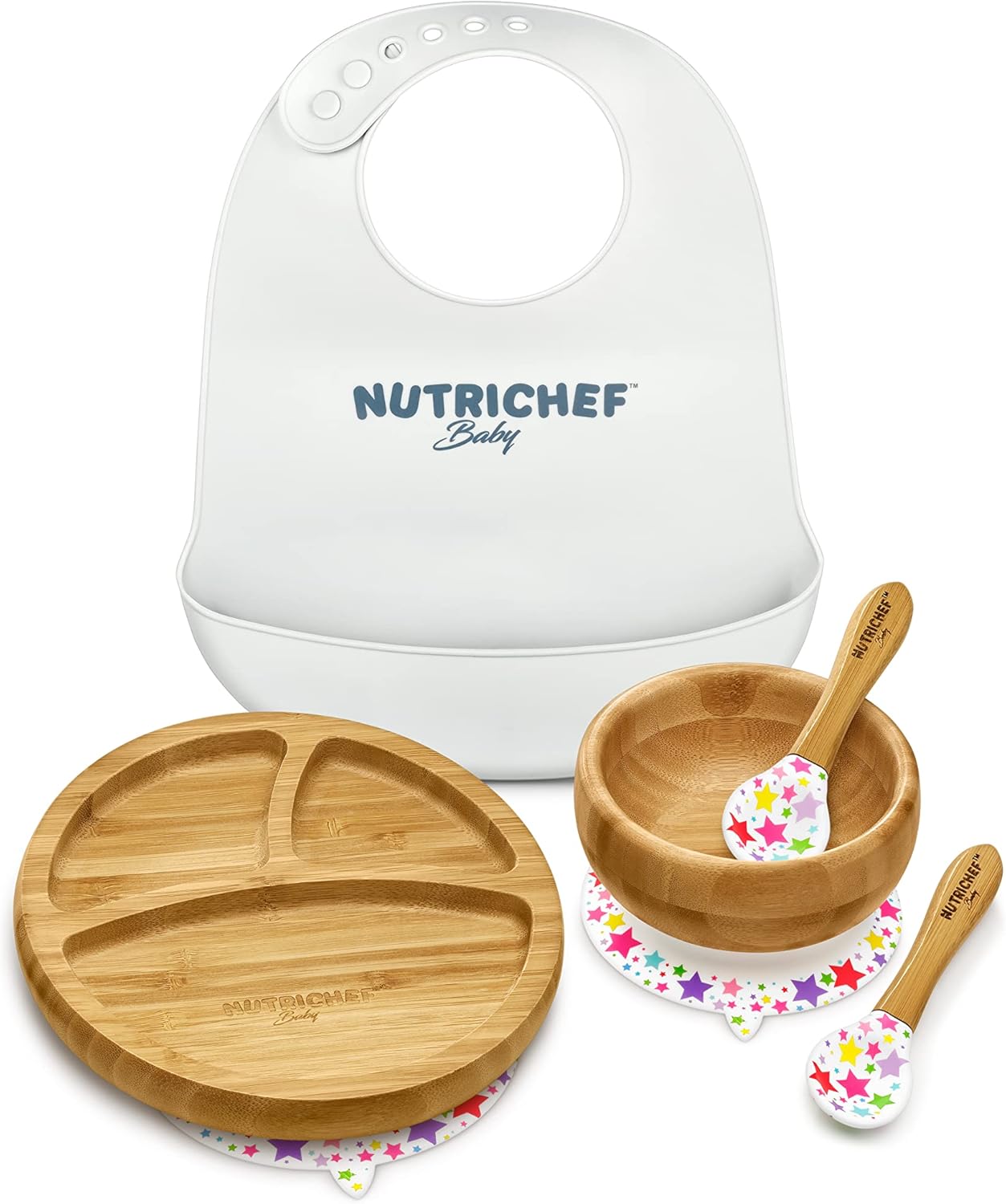 Nutriche Bab an Toddler compartmen plate bowl an spoo feedin set silico suction Non-toxi al natura Bambo bab foo plat wit silico bi (Star)