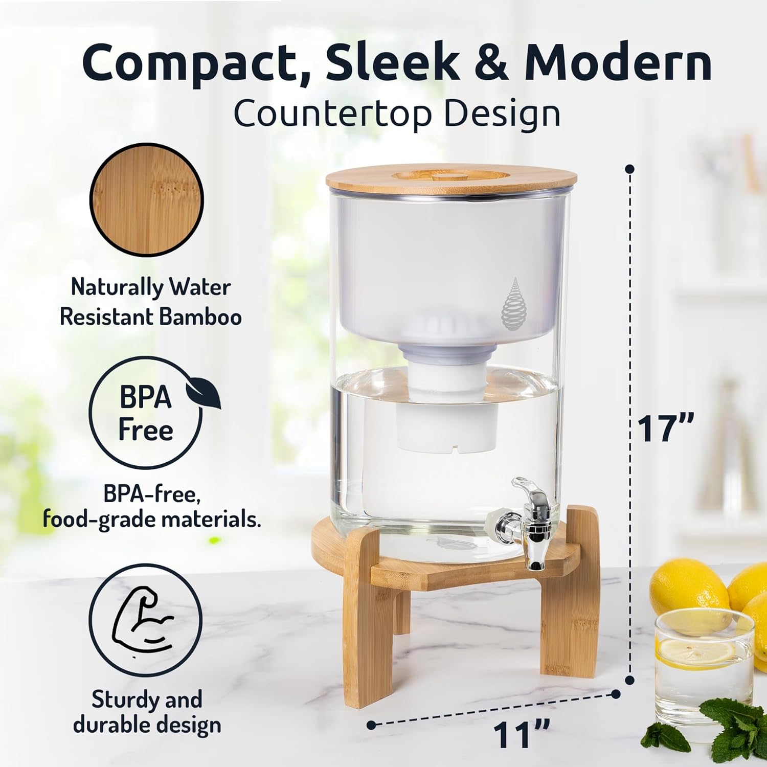 Invigorated Water pH Recharge Glass Alkaline Water Dispenser Filter System - Countertop Purifier Pitcher for Home and Office - High pH Pure Drinking Water Filtration- 8.5L/2.25 Galinch