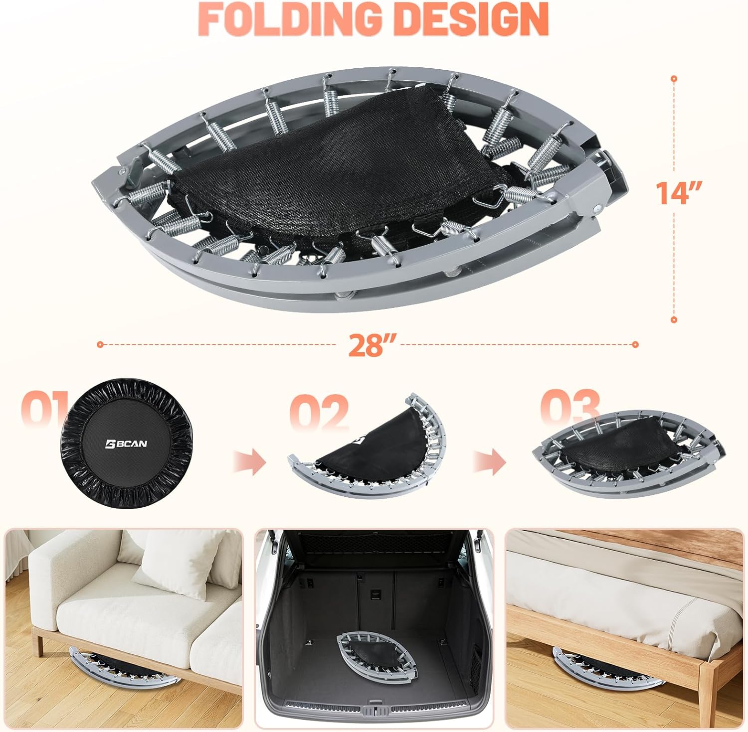 BCAN 38inch/40''/48'' Foldable Mini Trampoline Fitness Trampoline with Safety Pad,Rebounder Exercise Trampoline for Adults Indoor/Garden Workout,Max Load 300lbs/440lbs