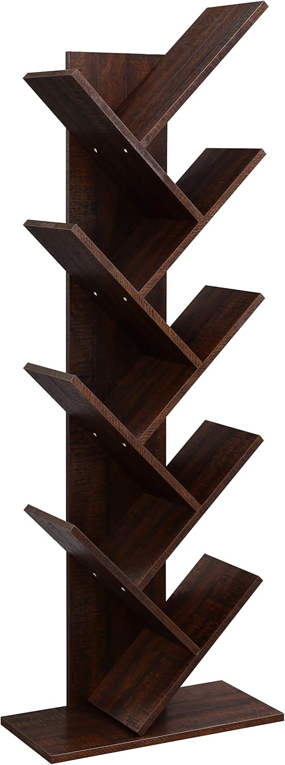 VASAGLE Tree Bookshelf, 9-Tier Bookcase, Large Bookshelf, Space-Saving Corner Shelf, Book Tree, Holds Books, CDs, Games, for Bedroom, Living Room, Home Office, Walnut Color ULBC11BY