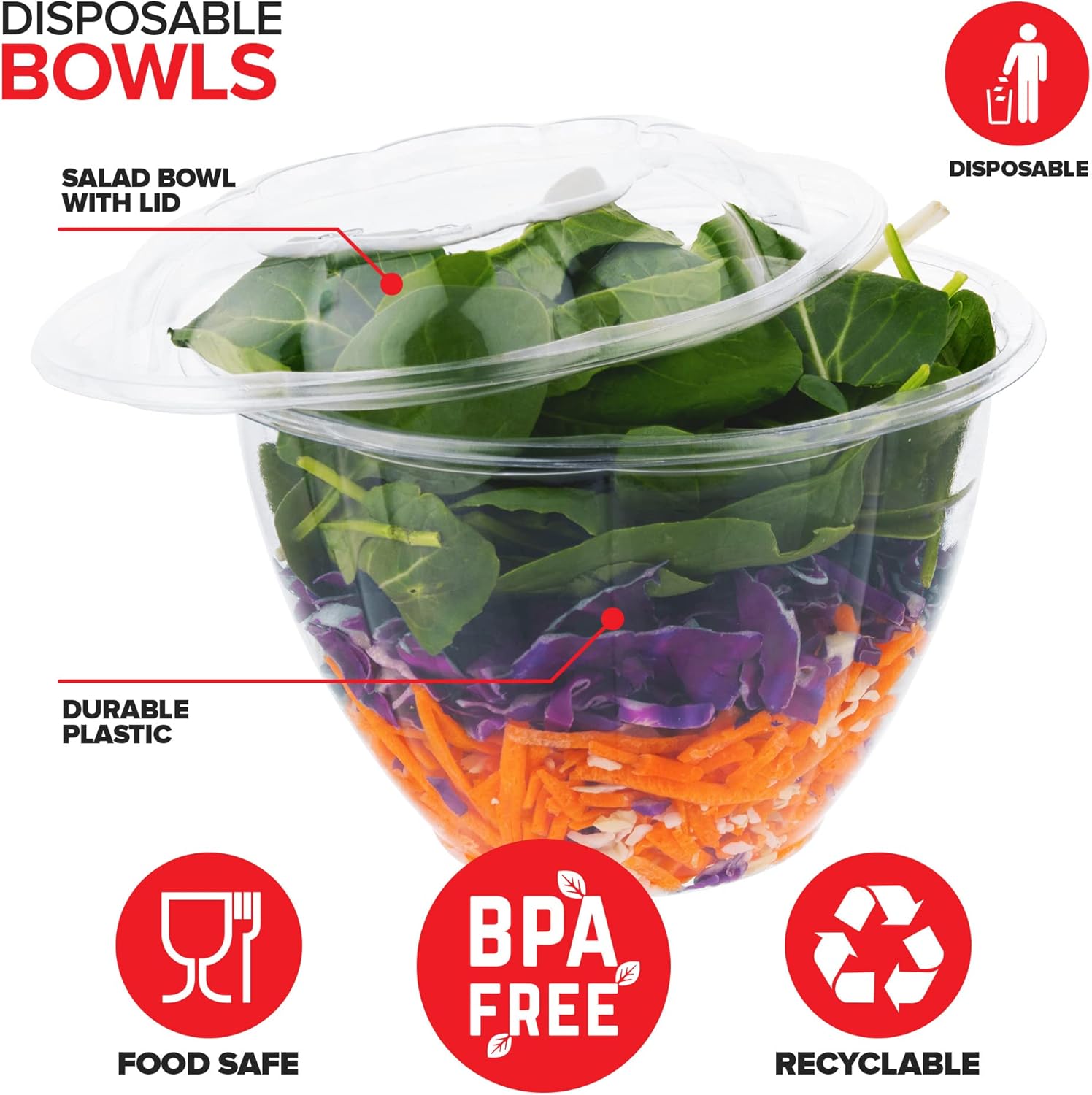 Stock Your Home Plastic Bowls with Lids (50 Count) 48 Oz. Disposable To-Go Containers ¨C Large Airtight Bowls for Dinner or On-the-Go Meals